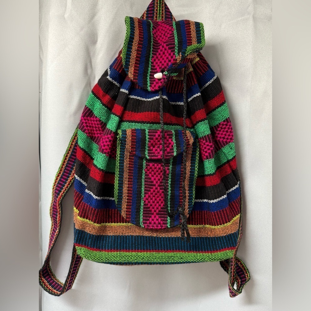 Pinzon Boho Drawstring Woven Colorful Backpack Purse 15x15x6 Made In Mexico